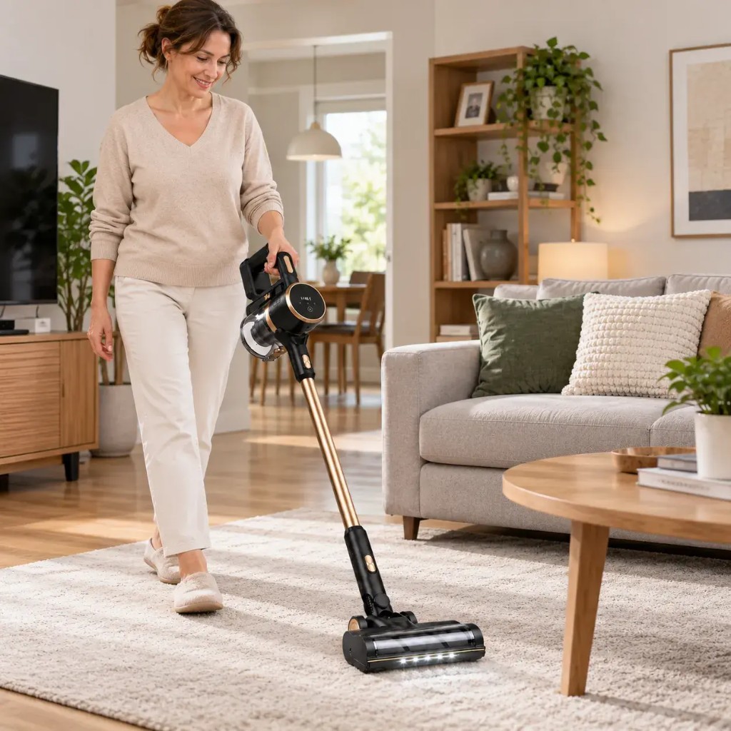 Žena používající PowerVacuum 3000 s LED světly na koberci v jasném obývacím pokoji